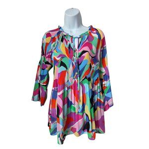 Ninety Clothing Co Abstract Multicolor Boho Blouse With Tie Neck Small